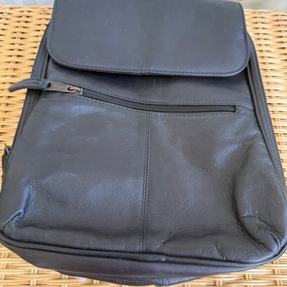 Clava Black Leather Backpack Medium Adjustable Straps Front Zip Pocket Durable D - Picture 8 of 11